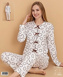 Kalp Desenli Fiyonk Detaylı Pijama Takımı 7037