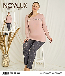 Büyük Beden Pudra Düğmeli ve "Lucky" Baskılı Üst & Yıldız Desenli Alt Kadın Pijama Takımı -Noya 14306