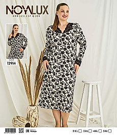 Siyah Dantel Detaylı V Yaka Çiçek Desenli Uzun Kadın Gecelik -Noya 12914