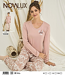 Pudra Dantel Yaka ve "Smile" Baskılı Üst & Yaprak Desenli Alt Kadın Pijama Takımı -Noya 13358