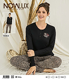 Siyah Düğmeli Kelebek Baskılı Üst & Leopar Desenli Alt Kadın Pijama Takımı -Noya 13363