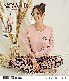 Pudra Düğmeli Üst & Yaprak Desenli Alt Kadın Pijama Takımı -Noya 13361