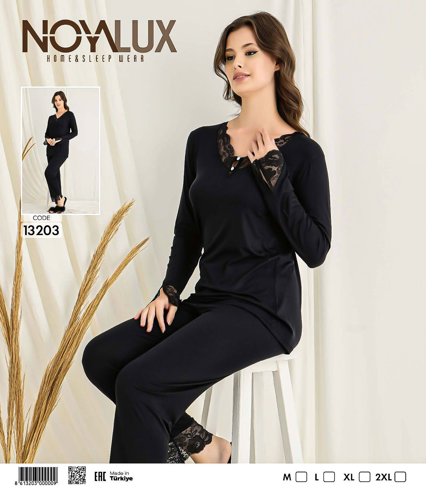 Siyah Dantel Yaka ve Manşetli Kadın Pijama Takımı -Noya 13203