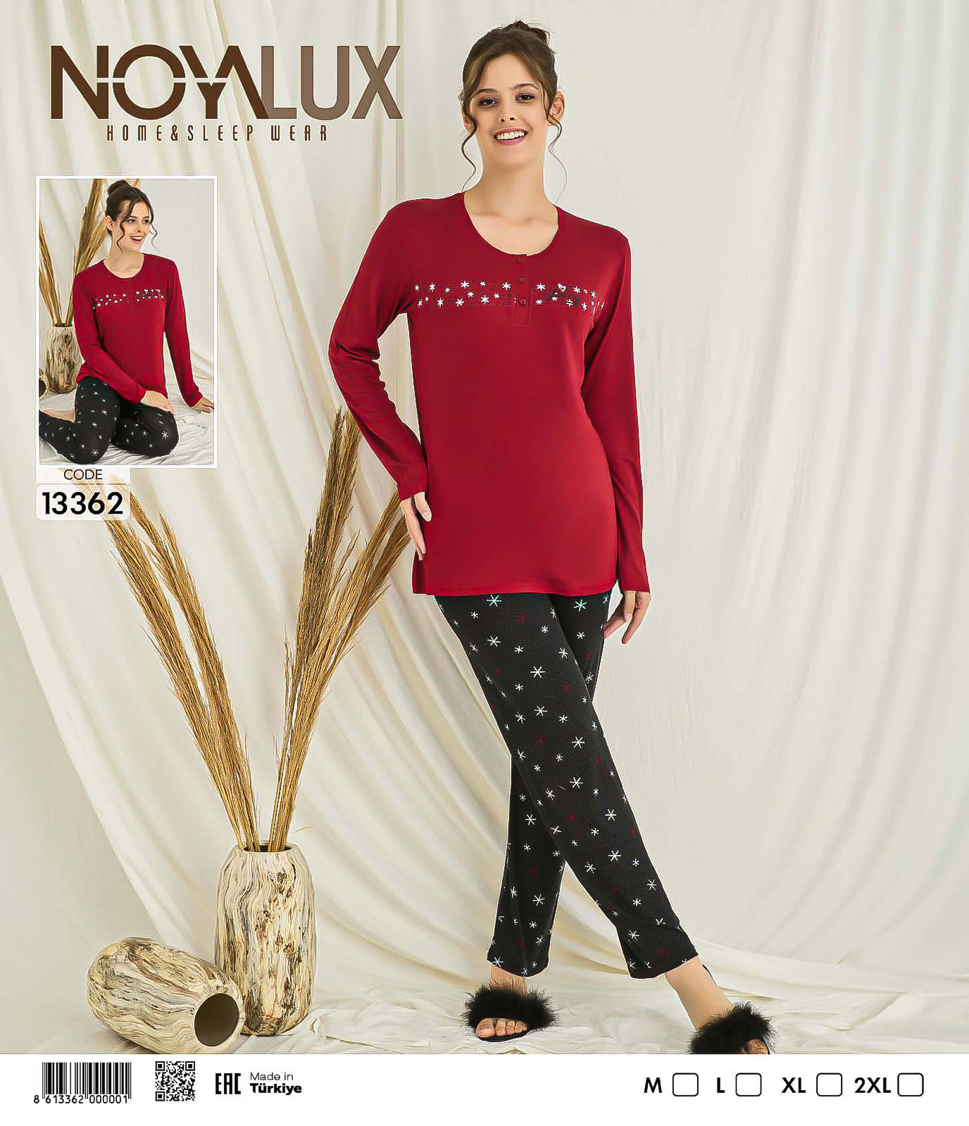 Bordo Yıldız Detaylı Üst & Siyah Yıldız Desenli Alt Kadın Pijama Takımı -Noya 13362