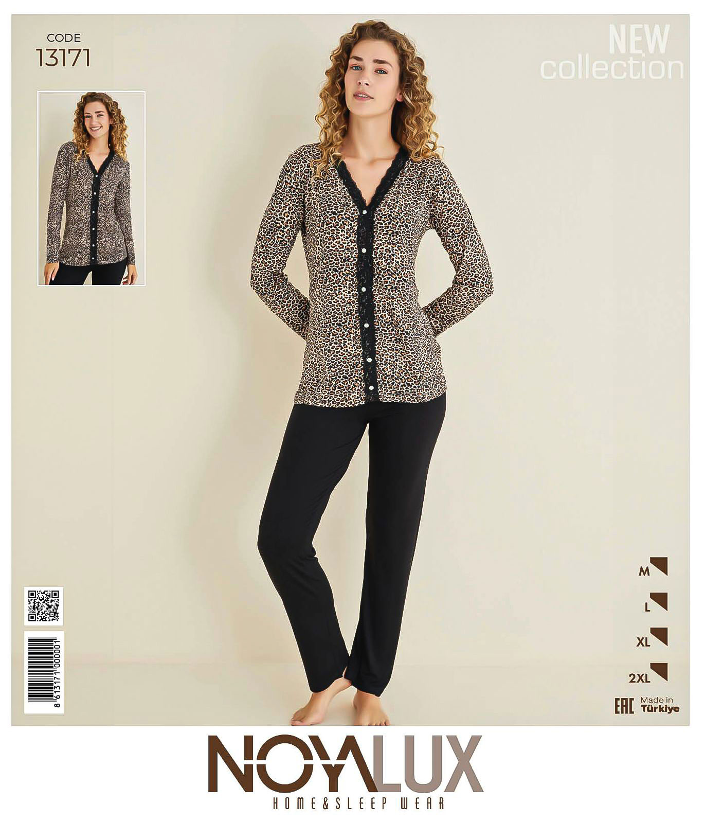 Leopar Desenli Dantel Detaylı Üst & Siyah Alt Kadın Düğmeli Pijama Takımı -Noya 13171