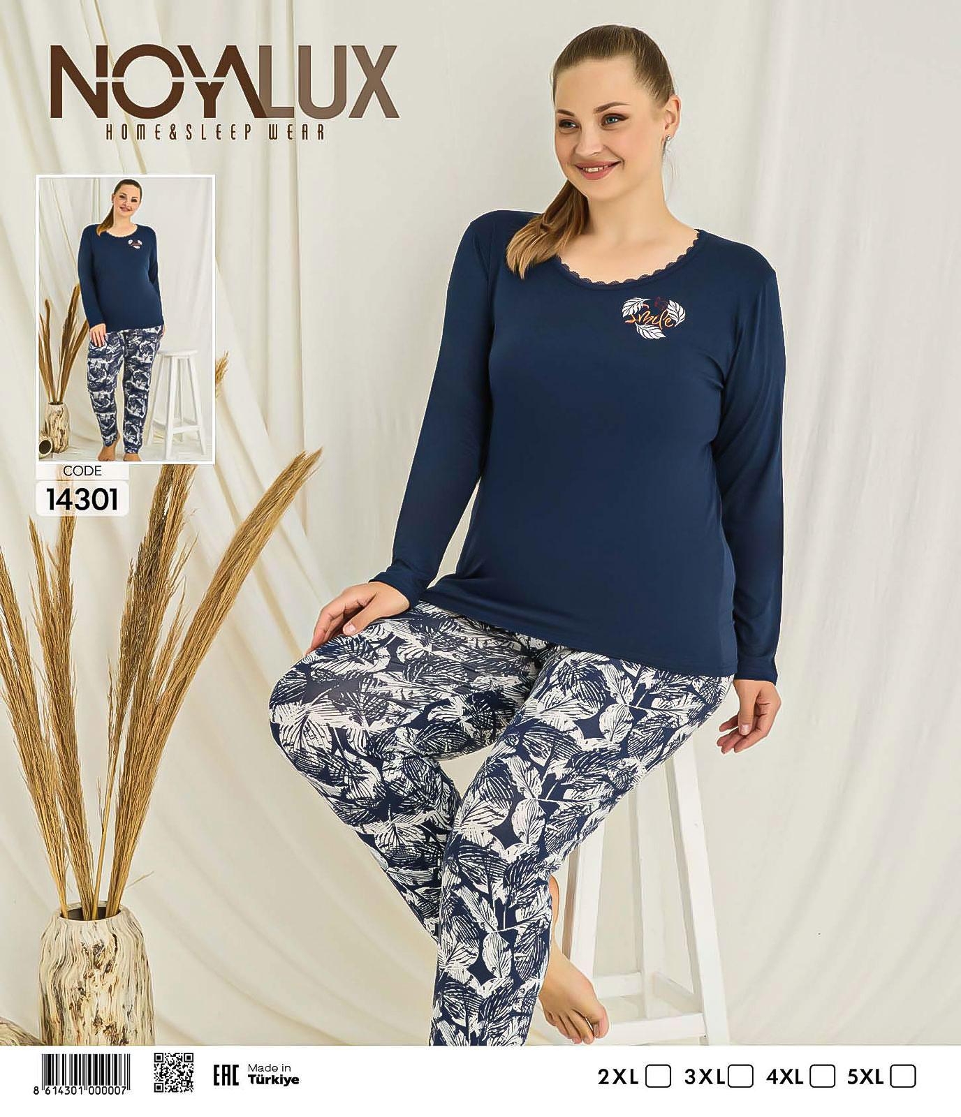 Büyük Beden Lacivert Dantel Yaka "Sweet" Baskılı Üst & Yaprak Desenli Alt Kadın Pijama Takımı -Noya 14301