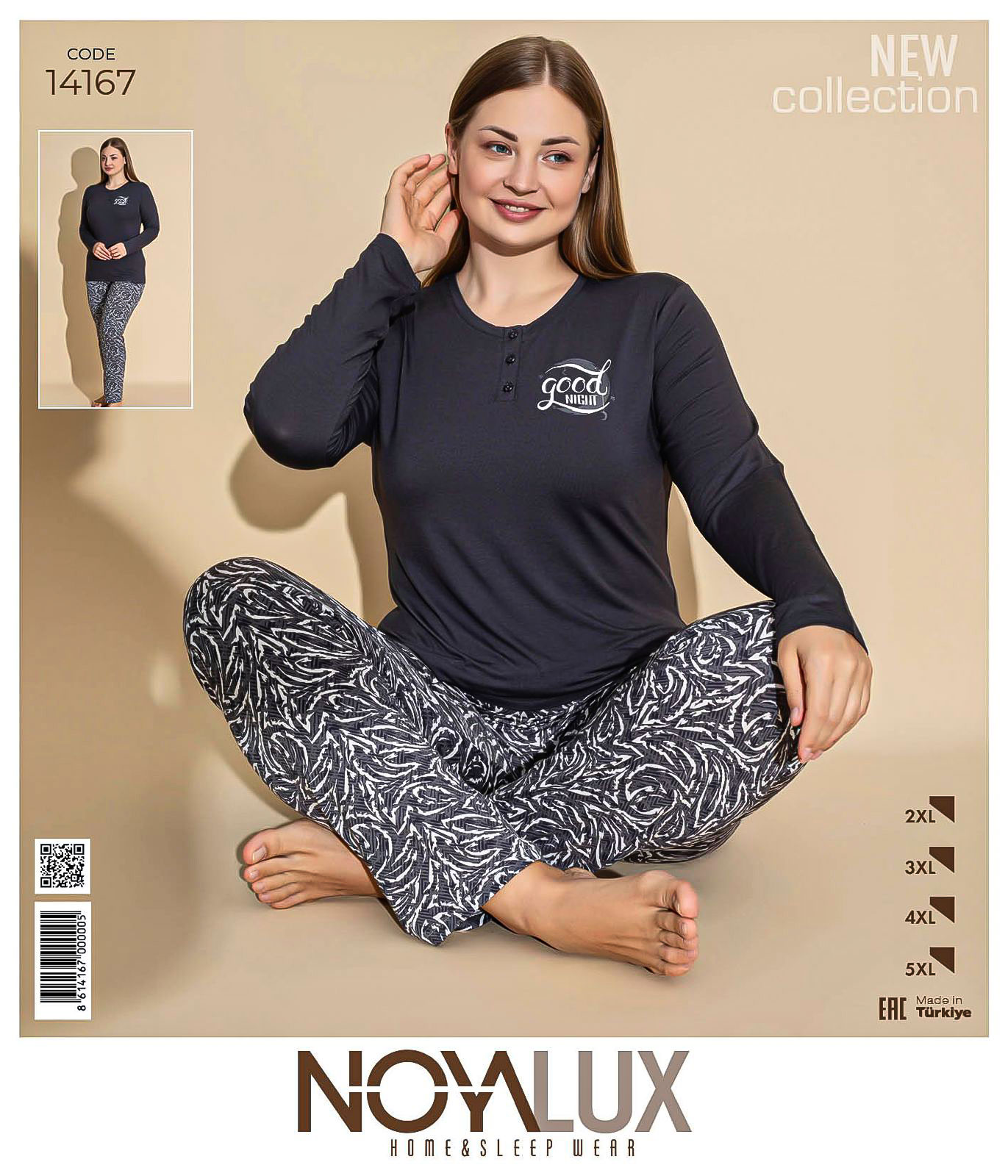 Büyük Beden Antrasit Düğmeli Baskılı Üst & Soyut Desenli Alt Kadın Pijama Takımı -Noya 14167