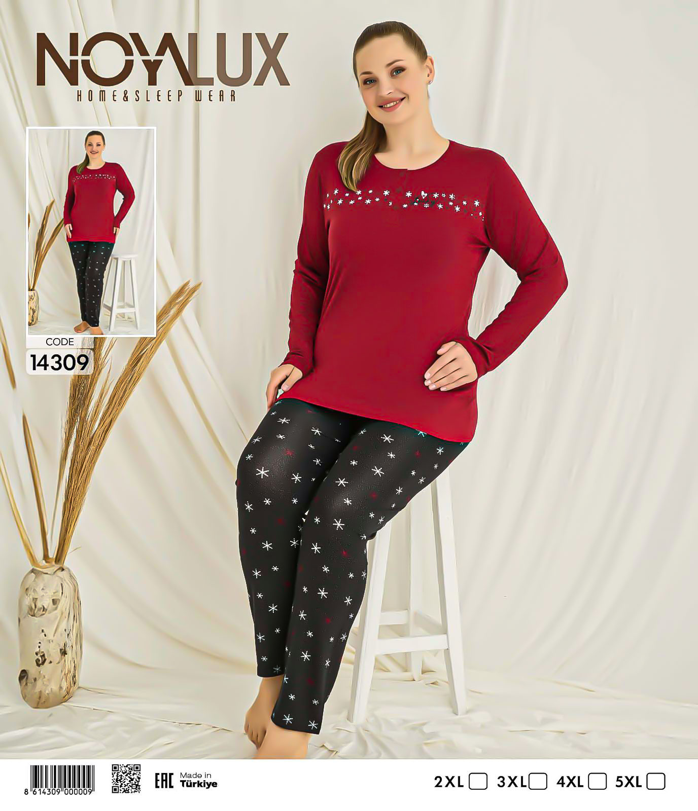 Büyük Beden Bordo Taş Detaylı Üst & Siyah Kar Tanesi Desenli Alt Kadın Pijama Takımı -Noya 14309