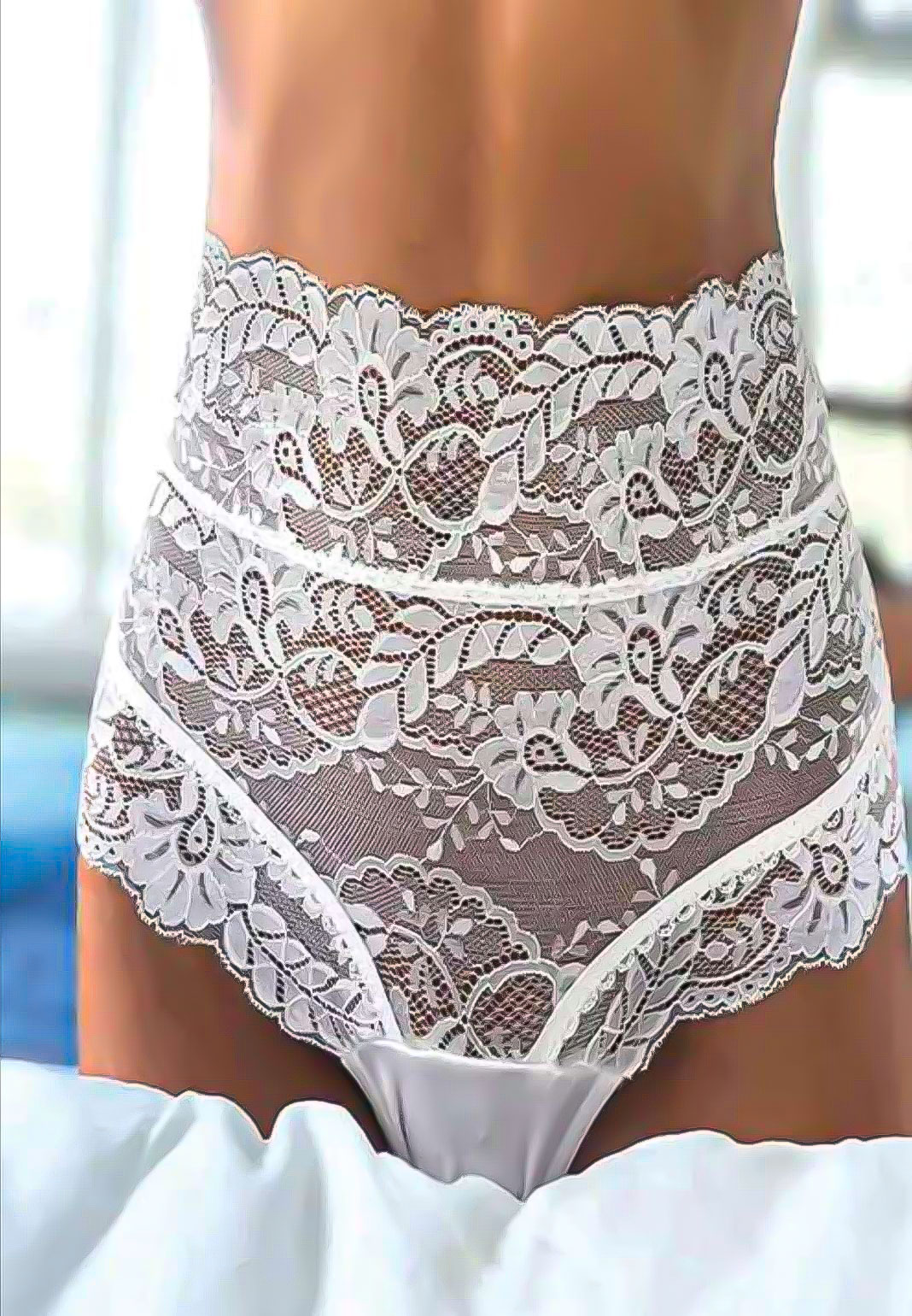 Yüksek Bel, Arkası Bağcıklı: Beyaz Dantelli Transparan Fantazi Külot -Pasione 198