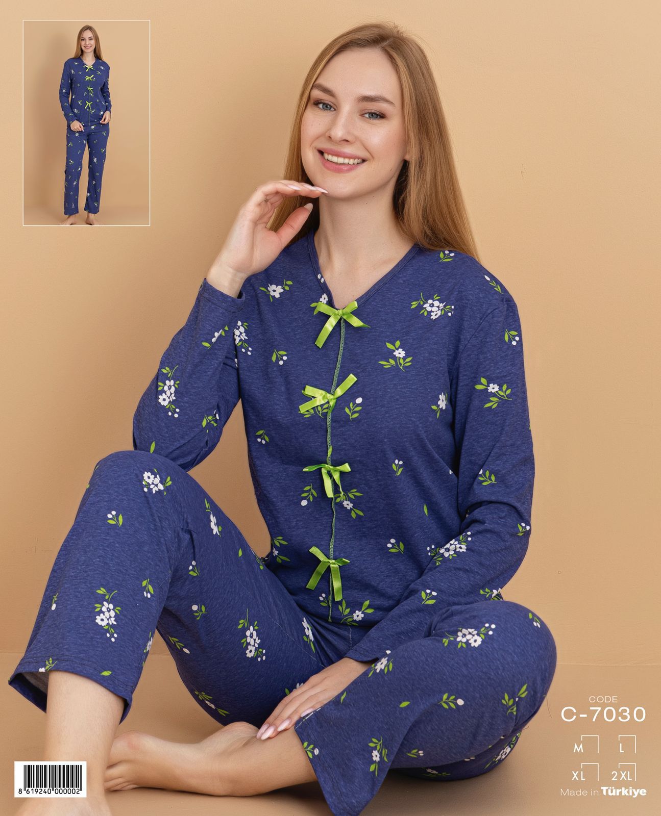 Çiçek Desenli Fiyonk Detaylı Pijama Takımı 7030