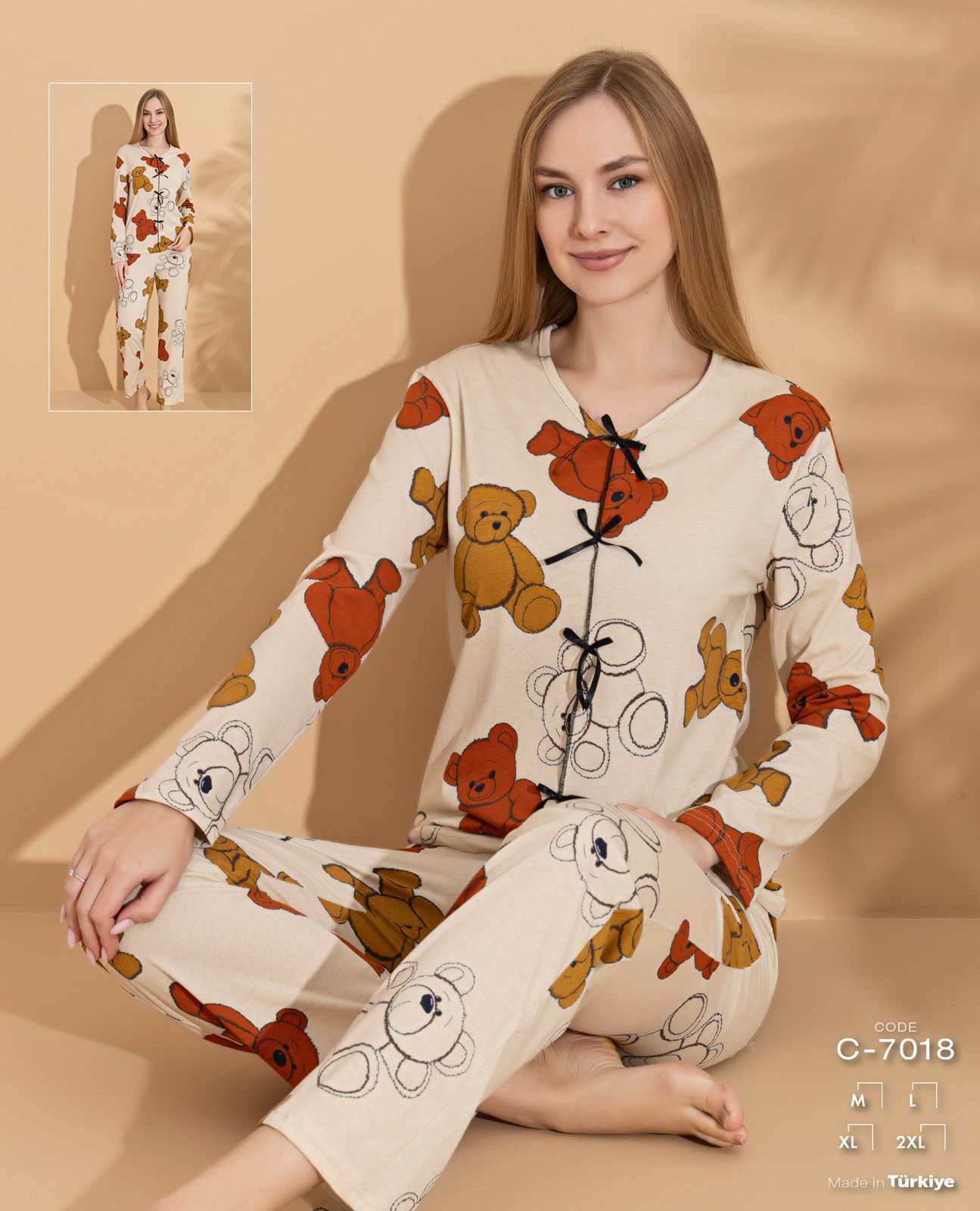 Ayıcık Detaylı Fiyonk Detaylı Pijama Takımı 7018